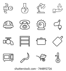 thin line icon set : satellite, round flask, table lamp, chemical industry, building helmet, phone, alarm, golf, water tap, rack, pan, cutting board, microwave oven, sickle, wheelbarrow, thermometer