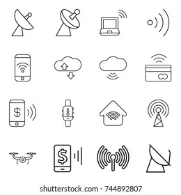 thin line icon set : satellite antenna, notebook wireless, phone, cloude service, cloud, tap to pay, smart watch, home, drone, mobile
