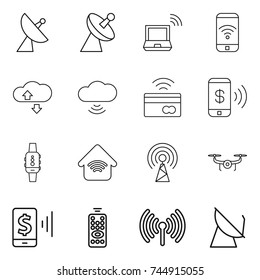 thin line icon set : satellite antenna, notebook wireless, phone, cloude service, cloud, tap to pay, smart watch, home, drone, mobile, remote control
