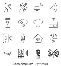 thin line icon set : satellite antenna, notebook wireless, phone, cloude service, cloud, tap to pay, smart watch, home, drone, mobile, remote control