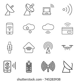 thin line icon set : satellite antenna, notebook wireless, phone, cloude service, cloud, tap to pay, smart watch, home, drone, mobile, remote control