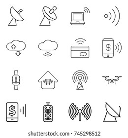 thin line icon set : satellite antenna, notebook wireless, cloude service, cloud, tap to pay, phone, smart watch, home, drone, mobile, remote control