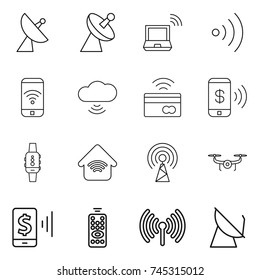 thin line icon set : satellite antenna, notebook wireless, phone, cloud, tap to pay, smart watch, home, drone, mobile, remote control