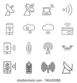 thin line icon set : satellite antenna, notebook wireless, phone, cloude service, cloud, tap to pay, smart watch, drone, mobile, remote control