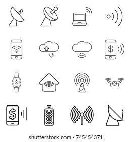 thin line icon set : satellite antenna, notebook wireless, phone, cloud service, cloud, pay, smart watch, home, drone, mobile, remote control