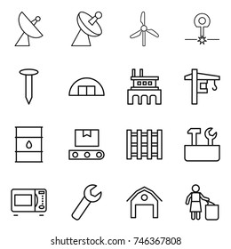 thin line icon set : satellite antenna, windmill, laser, nail, hangare, factory, tower crane, barrel, transporter tape, pallet, repair tools, microwave oven, wrench, barn, garbage bin