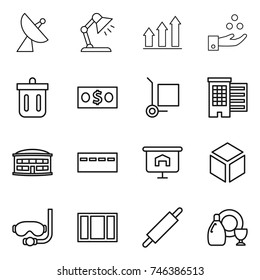 thin line icon set : satellite antenna, table lamp, graph up, chemical industry, bin, money, cargo stoller, houses, airport building, bunker, presentation, 3d, diving mask, window, rolling pin
