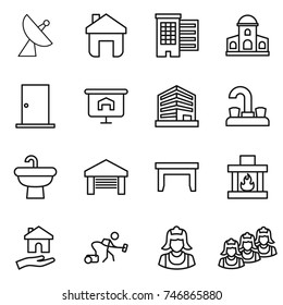 thin line icon set : satellite antenna, home, houses, mansion, door, presentation, office, water tap, sink, garage, table, fireplace, housing, vacuum cleaner, outsource