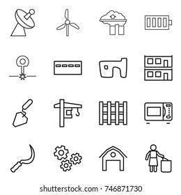 thin line icon set : satellite antenna, windmill, factory filter, battery, laser, bunker, slum, modular house, construction, tower crane, pallet, microwave oven, sickle, gears, barn, garbage bin
