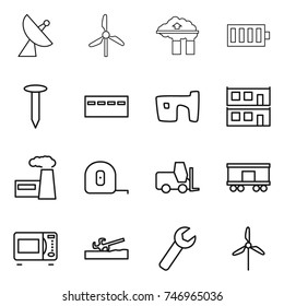 thin line icon set : satellite antenna, windmill, factory filter, battery, nail, bunker, slum, modular house, measuring tape, fork loader, railroad shipping, microwave oven, soil cutter, wrench
