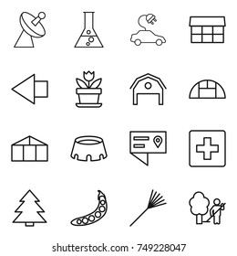 thin line icon set : satellite antenna, flask, electric car, market, left arrow, flower, barn, greenhouse, stadium, location details, first aid, spruce, peas, rake, garden cleaning