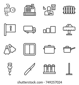 thin line icon set : satellite, cashbox, architector, fence, important flag, shipping, sorting, restaurant, flippers, power switch, pan, saute, handle scales, knife, grain elevator, rake