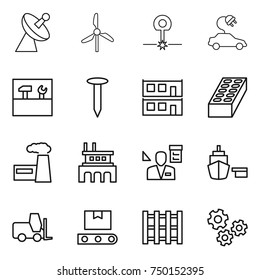 thin line icon set : satellite antenna, windmill, laser, electric car, tools, nail, modular house, brick, factory, architector, port, fork loader, transporter tape, pallet, gears