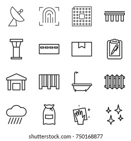 thin line icon set : satellite antenna, fingerprint, cpu, bridge, airport tower, bunker, package box, clipboard pen, warehouse, bar code, bath, radiator, rain cloud, flour, wiping, shining