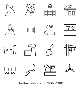 thin line icon set : satellite antenna, sun power, factory filter, microscope, battery, electric car, tools, slum, construction, tower crane, railroad shipping, sickle, harvester, windmill
