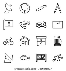 thin line icon set : satellite antenna, necklace, stairs, drawing compasses, important flag, phone 24, scooter shipping, package box, bike, home, nightstand, radiator, fish, farm fence