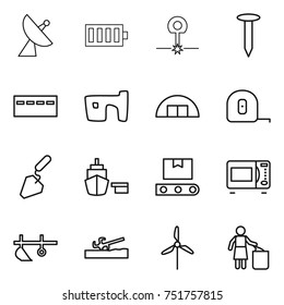 thin line icon set : satellite antenna, battery, laser, nail, bunker, slum, hangare, measuring tape, construction, port, transporter, microwave oven, plow, soil cutter, windmill, garbage bin
