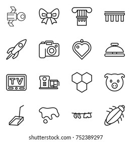 thin line icon set : satellite, bow, column, bridge, rocket, camera, heart pendant, service bell, tv, food processor, honeycombs, pig, scoop, spot, drying clothe, bug