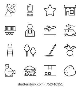 thin line icon set : satellite antenna, crystall memory, star, shop, truck shipping, workman, departure, transfer, stairs, trees, rake, beet, water pump, cheese, package, pile of garbage