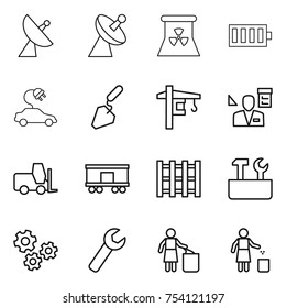 thin line icon set : satellite antenna, nuclear power, battery, electric car, construction, tower crane, architector, fork loader, railroad shipping, pallet, repair tools, gears, wrench, garbage bin