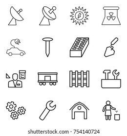thin line icon set : satellite antenna, sun power, nuclear, electric car, nail, brick, construction, architector, railroad shipping, pallet, repair tools, gears, wrench, barn, garbage bin