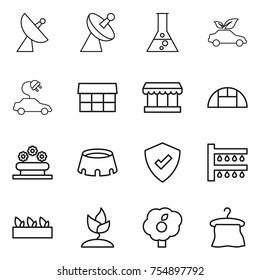 thin line icon set : satellite antenna, flask, eco car, electric, market, greenhouse, flower bed, stadium, protected, watering, seedling, sprouting, garden, hanger