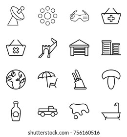 Thin line icon set : satellite antenna, round around, smart glasses, add to basket, delete cart, greate wall, garage, district, globe, lounger, knife holder, mushroom, ketchup, pickup, spot, bath