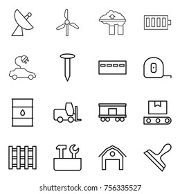 Thin line icon set : satellite antenna, windmill, factory filter, battery, electric car, nail, bunker, measuring tape, barrel, fork loader, railroad shipping, transporter, pallet, repair tools, barn