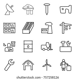 Thin line icon set : satellite antenna, factory filter, nail, slum, modular house, brick, tower crane, architector, barrel, fork loader, repair tools, wrench, barn, windmill, garbage bin