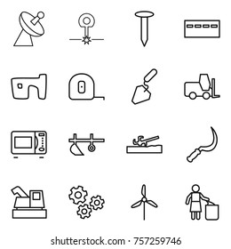 Thin line icon set : satellite antenna, laser, nail, bunker, slum, measuring tape, construction, fork loader, microwave oven, plow, soil cutter, sickle, harvester, gears, windmill, garbage bin