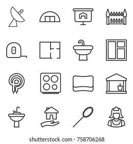 Thin line icon set : satellite antenna, hangare, presentation, gothic architecture, measuring tape, plan, sink, window, elecric oven, hob, sponge, utility room, water tap, housing, duster, cleaner