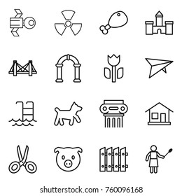 Thin line icon set : satellite, nuclear, chicken leg, castle, bridge, arch, perishable, deltaplane, pool, dog, antique column, home, scissors, pig, fence, woman with duster