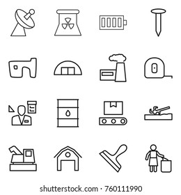 Thin line icon set : satellite antenna, nuclear power, battery, nail, slum, hangare, factory, measuring tape, architector, barrel, transporter, soil cutter, harvester, barn, scraper, garbage bin