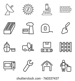 Thin line icon set : satellite antenna, sun power, microscope, battery, brick, factory, measuring tape, construction, port, fork loader, transporter, pallet, microwave oven, wrench, barn