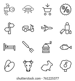 Thin line icon set : satellite, ufo, add to cart, percent, signpost, scooter shipping, plane, passenger, bed, big fork, hand mill, fish, beans, cow, rabbit, garden