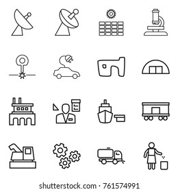 Thin line icon set : satellite antenna, sun power, microscope, laser, electric car, slum, hangare, factory, architector, port, railroad shipping, harvester, gears, sweeper, garbage bin