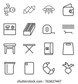 Thin line icon set : satellite, up down arrow, ufo, wallet, tools, brick, measuring tape, lounger, stool, iron board, fridge, cutting, cup, croissant, beet