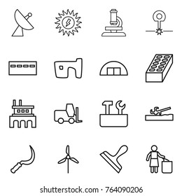Thin line icon set : satellite antenna, sun power, microscope, laser, bunker, slum, hangare, brick, factory, fork loader, repair tools, soil cutter, sickle, windmill, scraper, garbage bin