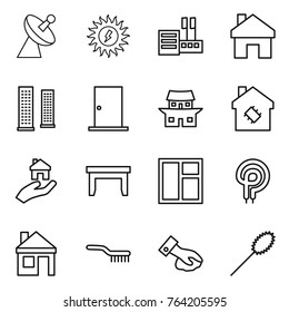 Thin line icon set : satellite antenna, sun power, store, home, skyscrapers, door, japanese house, smart, real estate, table, window, elecric oven, brush, wiping, duster