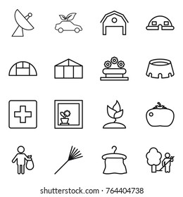 Thin line icon set : satellite antenna, eco car, barn, dome house, greenhouse, flower bed, stadium, first aid, in window, sprouting, tomato, trash, rake, hanger, garden cleaning