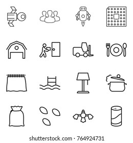 Thin line icon set : satellite, group, jet robot, cpu, barn, courier delivery, fork loader, cafe, curtain, pool, floor lamp, steam pan, flour, seeds, hard reach place cleaning, cleanser powder