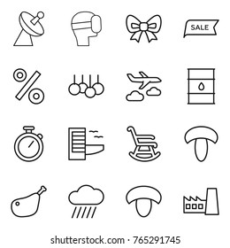 Thin line icon set : satellite antenna, virtual mask, bow, sale, percent, journey, barrel, stopwatch, hotel, rocking chair, mushroom, chicken leg, rain cloud, factory