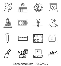 Thin line icon set : satellite antenna, sun power, nuclear, microscope, battery, laser, electric car, nail, bunker, modular house, measuring tape, construction, architector, transporter, soil cutter