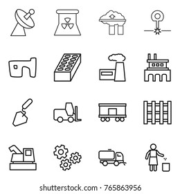Thin line icon set : satellite antenna, nuclear power, factory filter, laser, slum, brick, construction, fork loader, railroad shipping, pallet, harvester, gears, sweeper, garbage bin