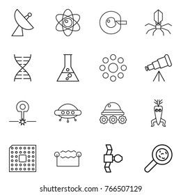 Thin line icon set : satellite antenna, atom, cell corection, virus, dna, flask, round around, telescope, laser, ufo, lunar rover, modify, cpu, electrostatic, viruses