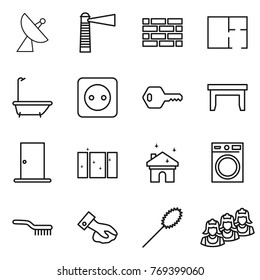 Thin line icon set : satellite antenna, lighthouse, brick wall, plan, bath, power socket, key, table, door, clean window, house cleaning, washing machine, brush, wiping, duster, outsource