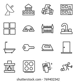 Thin line icon set : satellite antenna, cottage, modern architecture, modular house, window, dome, gothic, water tap, bath, key, iron, door, fireplace, hob, wiping, vacuum cleaner