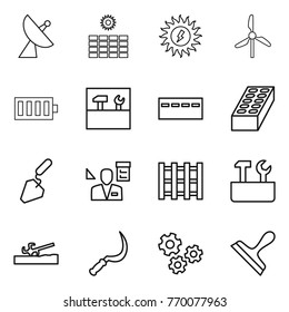 Thin line icon set : satellite antenna, sun power, windmill, battery, tools, bunker, brick, construction, architector, pallet, repair, soil cutter, sickle, gears, scraper