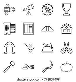 Thin line icon set : satellite, telescope, percent, wineglass, houses, window, pyramid, house, arch, do not trolley sign, kettle, scissors, meat hammer, sickle, pumpkin