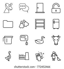 Thin line icon set : satellite antenna, discussion, door, unlock, documents, flippers, rack, fridge, measuring cup, mixer, goose, cow, factory, wiping, brooming